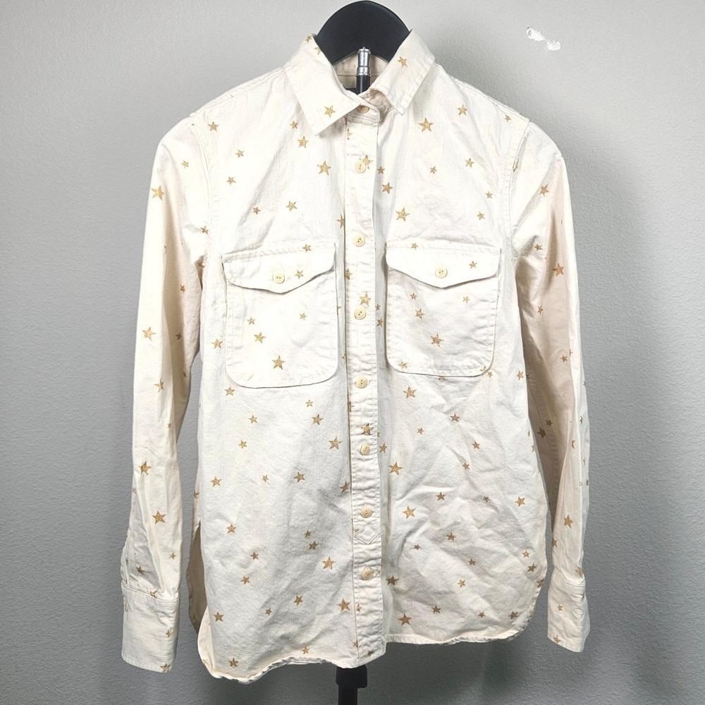J.Crew Button Down Shirt Women XXS Cream Gold Glitter Star Print Classic Utility